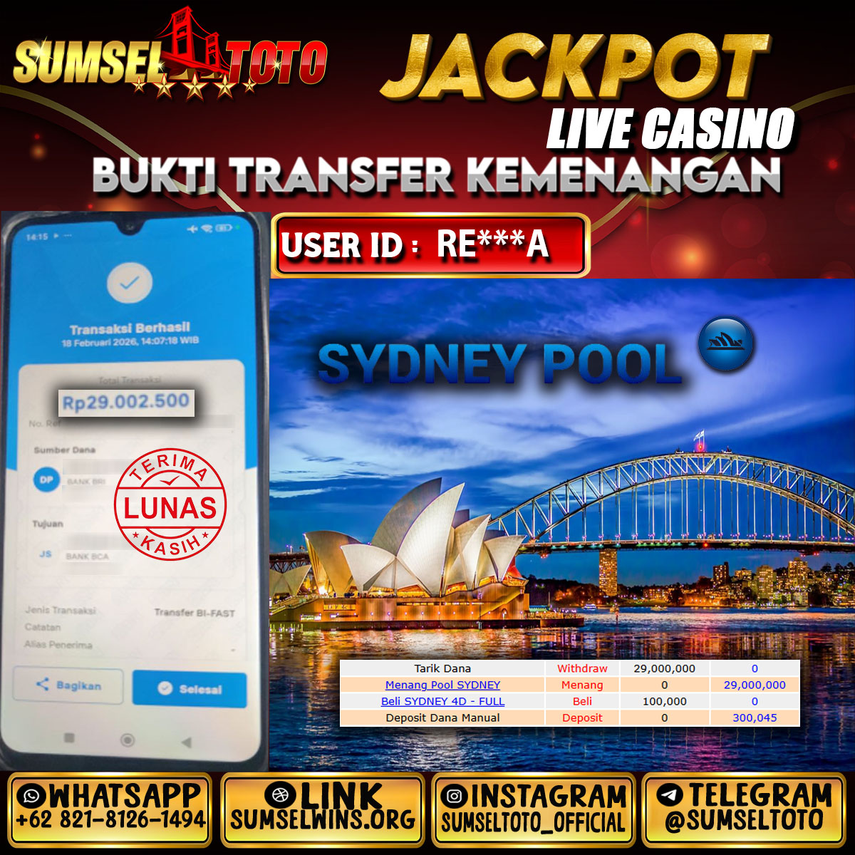 SUMSELTOTO JACKPOT SYDNEY POOL Rp.29,000,000.,- LUNAS